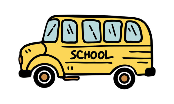 Hand drawn cartoon illustration of classic yellow school bus with bold lines and playful style isolated on background. Vector art
