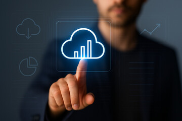 Businessman Touching Cloud Data Analytics Icon on Virtual Screen for Secure Visualization, Big Data Processing, and Digital Cloud Intelligence
