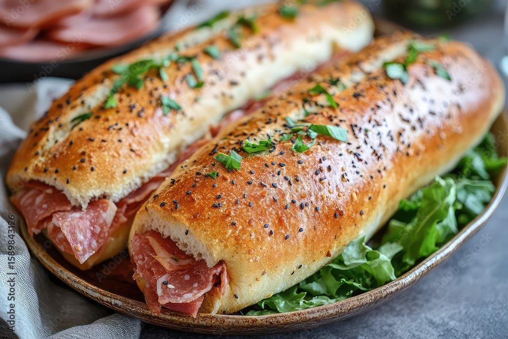 Fototapete warm and crusty sub rolls on a decorative plate with a side of deli meats and a sprinkle of lettuce