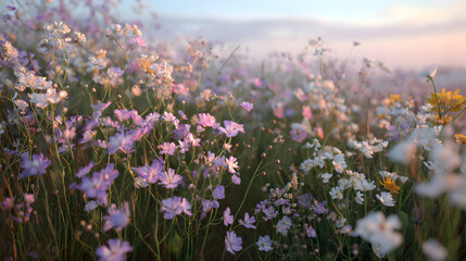 A meadow filled with pastel pink, lilac, white and yellow wild flowers and a soft summers evening. 3D illustration