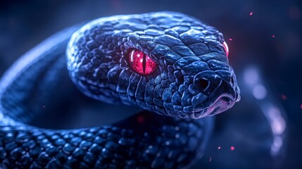 Fototapeta premium Blue Serpent with Glowing Red Eyes in Dramatic Dark Fantasy Portrait