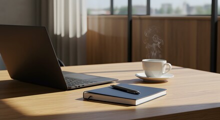 Modern Work Desk with Laptop, Coffee, and Notebook in Morning Light Near Window