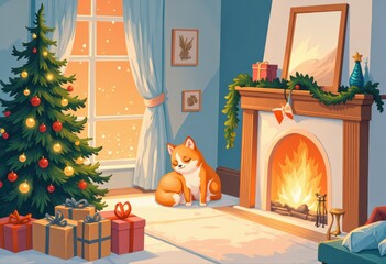 Cozy Christmas Living Room with Dog Fireplace and Decorated Tree.