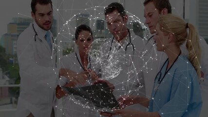 Medical team tapping tablet on terrace, generating rotating network globe above display - Powered by Adobe