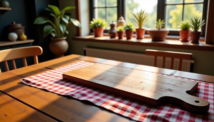 Cozy kitchen table with cutting board and checkered tablecloth bathed in warm sunlight.