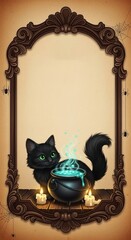 Cute Black Cat with Glowing Cauldron in Ornate Halloween Frame.