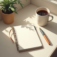 Cozy morning desk setup with notebook pen coffee and plant in warm sunlight.