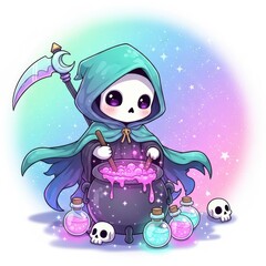 Cute Chibi Grim Reaper Brewing Magic Potion in Cauldron.