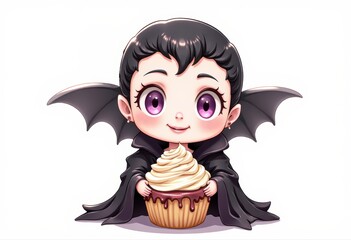 Cute Chibi Vampire Character with Large Purple Eyes and Bat Wings Holding a Frosted Cupcake.