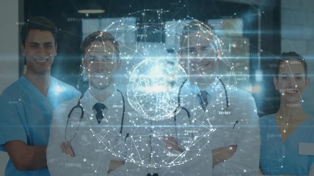 digital globe spawning hologram showing medical team crossing arms lifting thumbs-up showing unity - Powered by Adobe