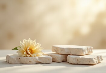 Delicate cream flower on textured natural stone podiums with soft light.