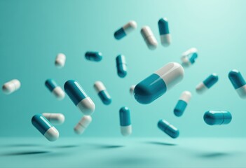 Dynamic Blue and White Medical Capsules Floating on Teal Background.