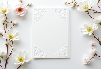 Elegant Blank Card with Embossed Corners White Pink Flowers.