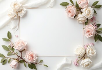 Elegant Blank Card with Pink and White Rose Floral Frame.