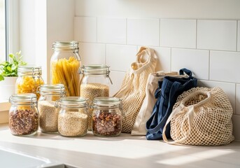 Ecofriendly kitchen with glass jars of dry food and reusable shopping bags.