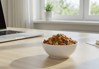 Healthy mixed nuts and seeds in white bowl on wooden desk with laptop.