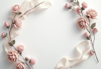 Soft pink roses and elegant cream ribbon form a decorative floral border on a pristine white background.