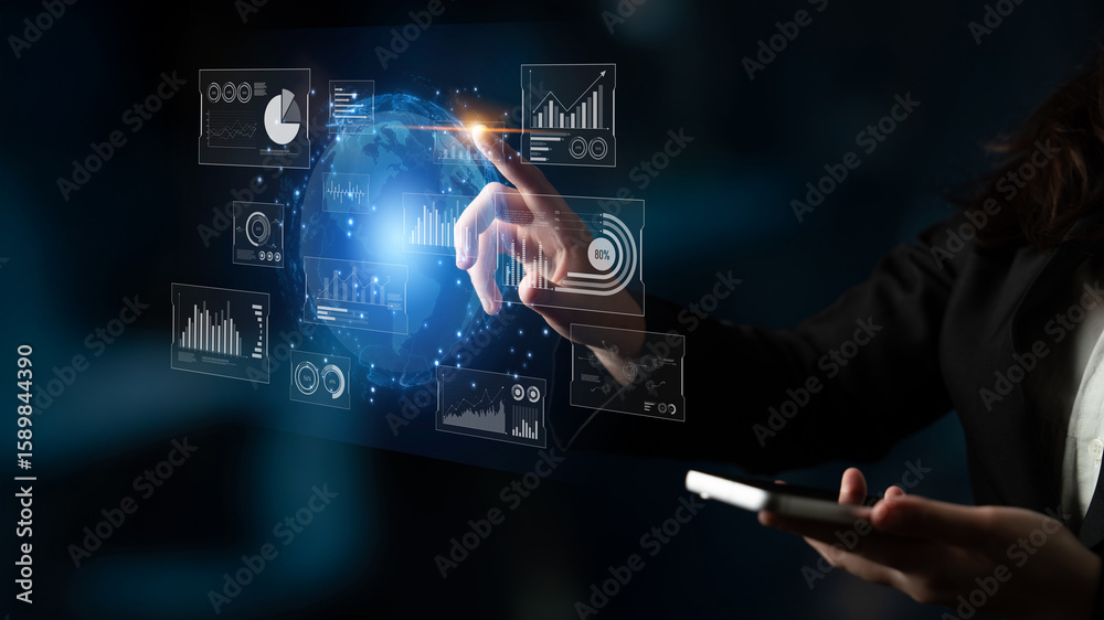 Poster real-time global data analytics dashboard visualizing insights from interconnected systems for decis