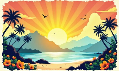 Tropical Sunset Beach Landscape with Palm Trees Ocean and Mountains.
