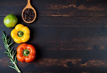 Vibrant bell peppers green apple rosemary and peppercorns on a dark wooden background.