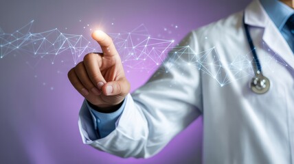 A doctor in a white coat interacts with a futuristic digital network, symbolizing advanced healthcare technology and innovation.