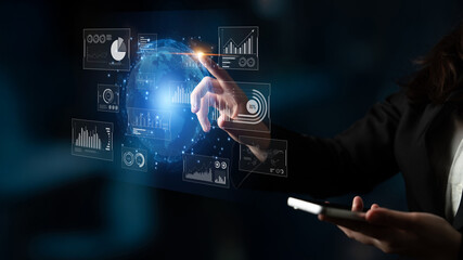 Real-time global data analytics dashboard visualizing insights from interconnected systems for...