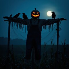 Spooky Halloween Scarecrow with Glowing JackoLantern Head and Crows in a Cornfield at Night.