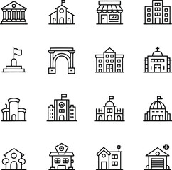 Vector illustration of various buildings including churches shops and public architecture