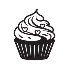 Elegant Vector Cupcake Design With Hearts Black And White For Valentines Day And Celebrations