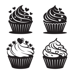 Four Monochrome Vector Cupcakes Decorated With Hearts For Valentines Day Celebration
