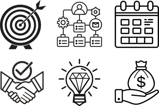 Collection of six diverse terget object icons isolated on white background