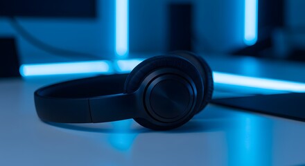 Modern Black Headphones on White Desk with Futuristic Blue LED Light in Tech or Gaming Studio Setup