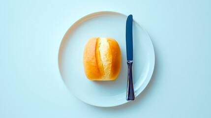 Fresh bread roll on a white plate with a butter knife, placed on a soft blue background in minimalist top view style