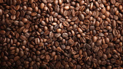 Fototapeta premium Dark roasted coffee beans creates textured background. Ideal for themes related to coffee, beverages, cafes, breakfast, energy, natural organic products, highlighting rich aroma, robust flavor.