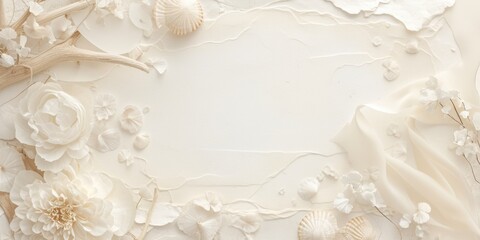 Fototapeta premium Blank White Wedding Card Mockup Flatlay White Flowers Driftwood Neutral Shells Minimalist