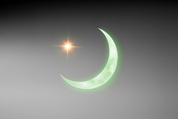 A shining star radiates beside a green crescent moon, evoking serenity and celestial wonder against a grayscale backdrop.