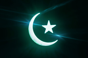 Glowing star and crescent shine bright against a dark backdrop, representing Islam in a modern style.