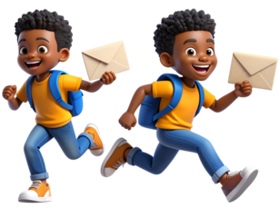 Set 3D Boy Running with Envelope in Hand, Side View, Dynamic Motion and Expressive Style