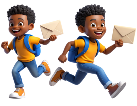 Set 3D Boy Running with Envelope in Hand, Side View, Dynamic Motion and Expressive Style