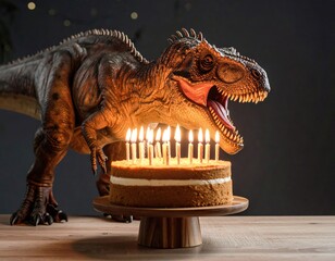 A dinosaur toy stands near a birthday cake with lit candles