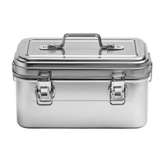 A classic metal lunch box with latches, eco-friendly, isolated on white background