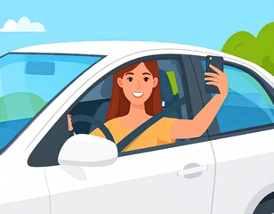 Naklejka premium Woman taking selfie in car