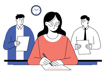 Female student taking important test in classroom, focused on multiple-choice answer sheet under stress
