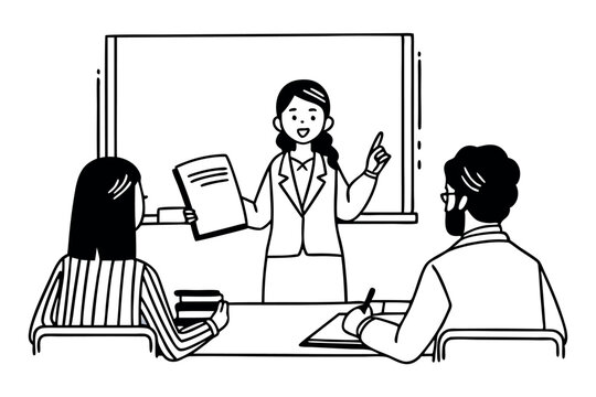 Young female student orally answering question to professors, university viva voce exam situation