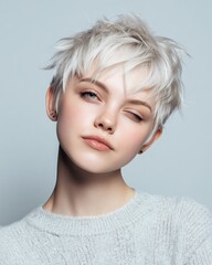 Naklejka premium Attractive young woman with short silver hair winking in a studio setting, showcasing a playful expression.