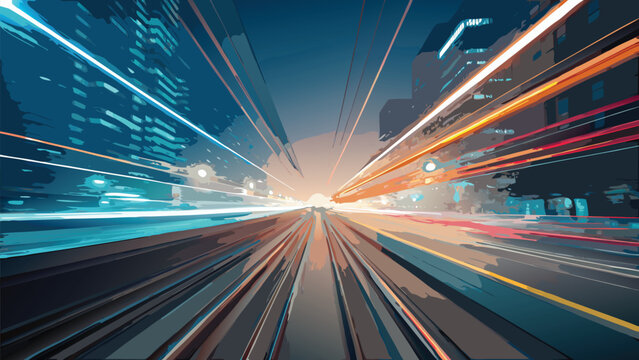 Abstract illustration of a cityscape with streaking lights and building silhouettes at sunset