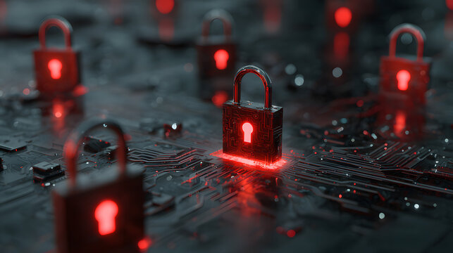Vulnerable computer hardware being hacked and network ransomware digital cybercrime background concept. 3D illustration.