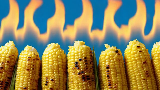 Grilled corn roasting with flames against blue skies: vibrant closeup sequence
