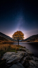 Solitary autumn tree under a starry night sky by a lake