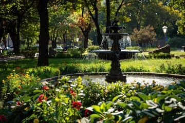 Obraz premium Tranquil urban oasis featuring a decorative water fountain amidst vibrant flowers and greenery, creating a serene atmosphere